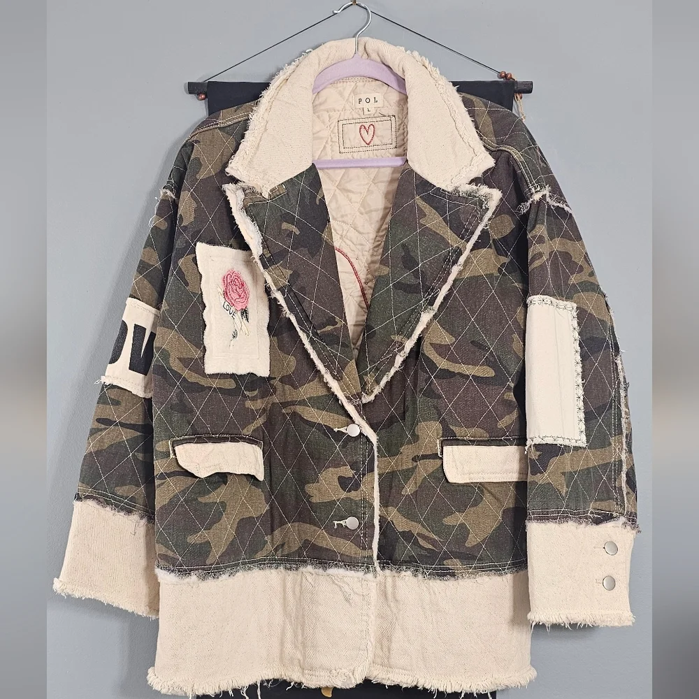 New POL Camo Jacket with Patchwork and Crystal Heart Details Size Large - Picture 5 of 10